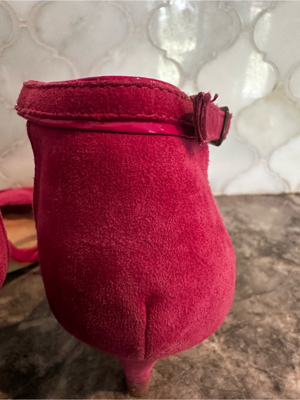 ALDO Fuchsia Suede Ankle-Strap Heels with Heart Accent - Picture 8 of 13